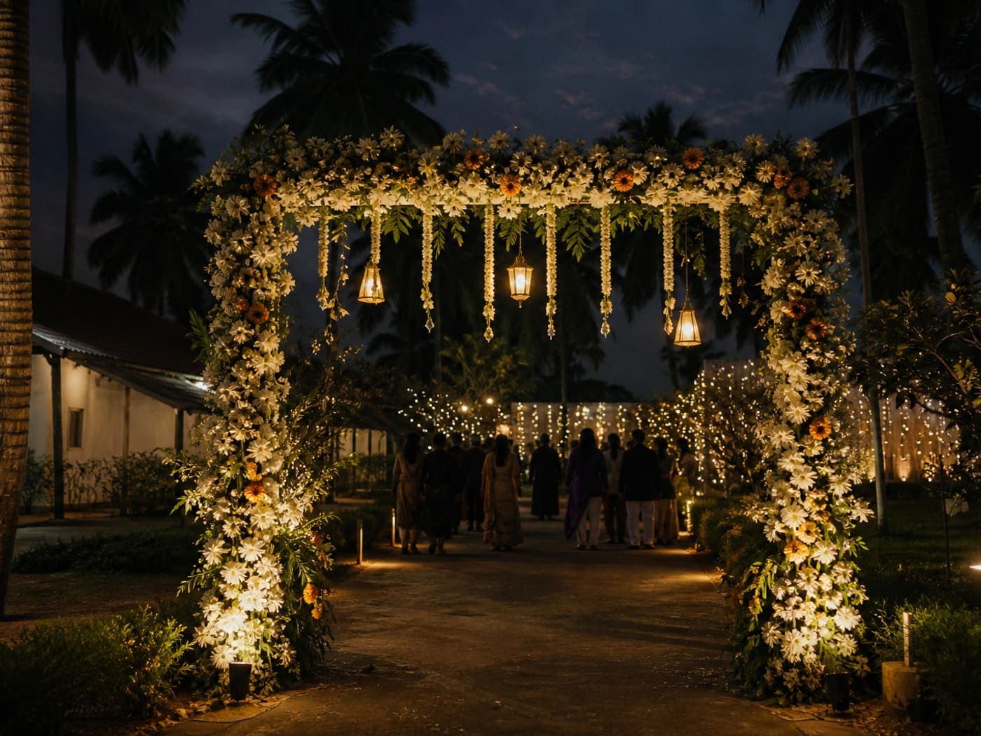 Floral wedding entrance arch with lanterns at a Mangalore night event